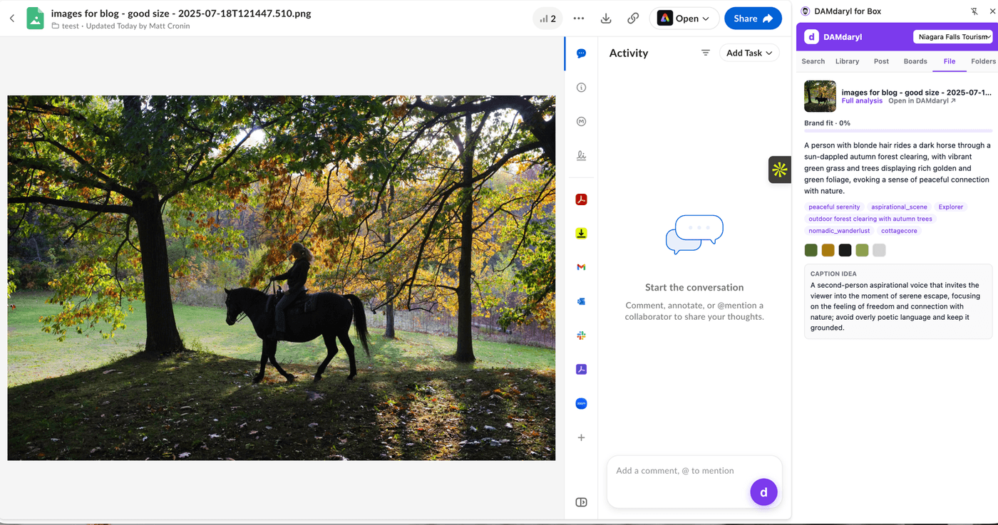 The DAMdaryl for Box Chrome extension showing brand-fit analysis, tags, and a caption idea for a file, right inside Box