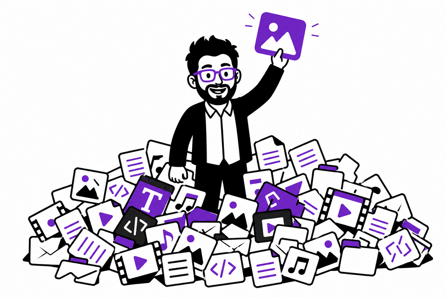 Daryl standing in a large pile of creative assets
