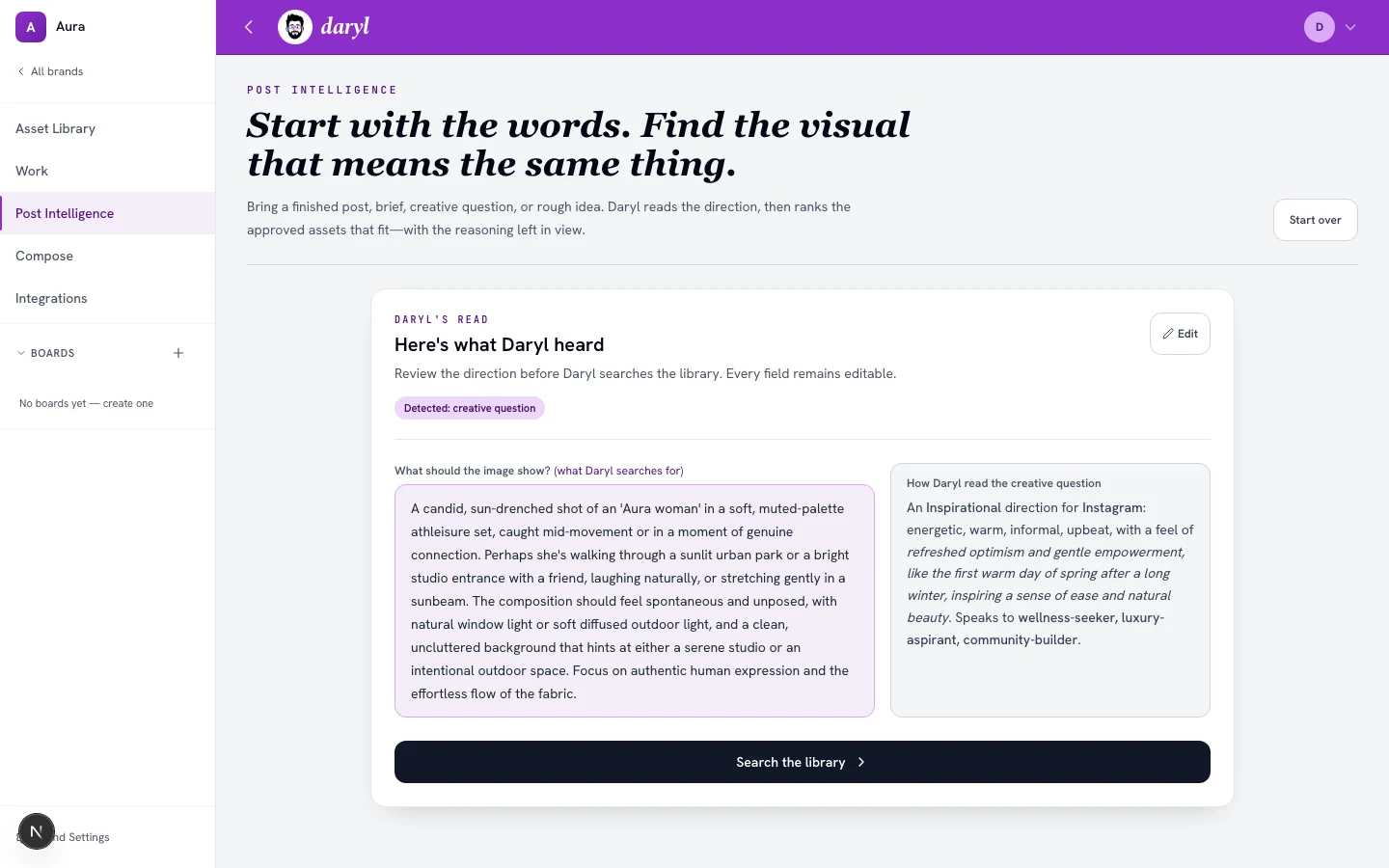 Current DAMdaryl Post Intelligence screen showing an editable read of the marketing direction